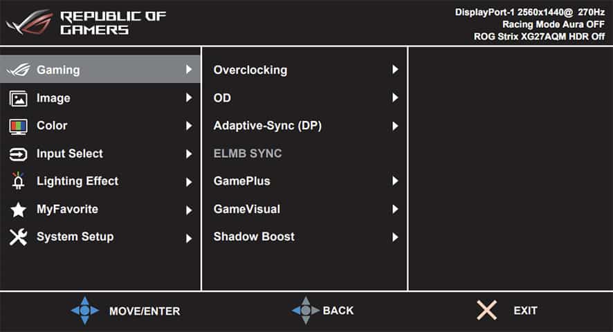 ASUS ROG Strix XG27AQM Monitor OSD Menu