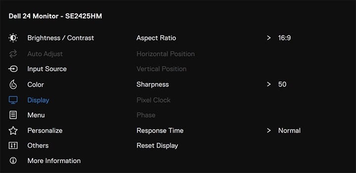 Dell SE2425HM OSD Menu