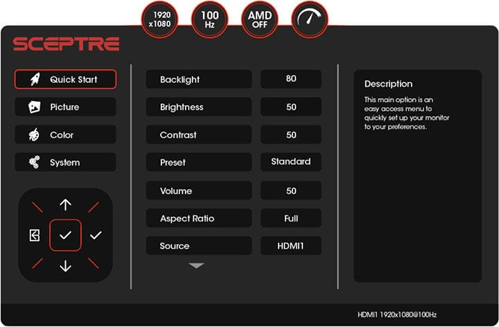 Sceptre E275W FW100T OSD Menu