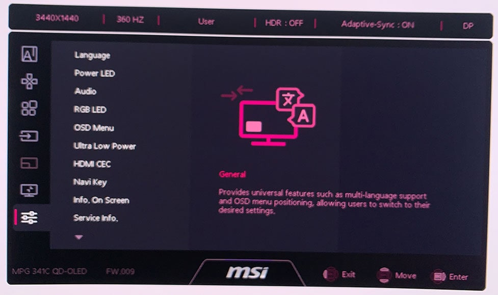 MSI 341CQR QD OLED X36 OSD Menu 1