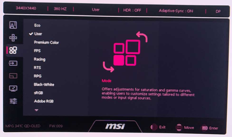 MSI 341CQR QD OLED X36 OSD Menu 4