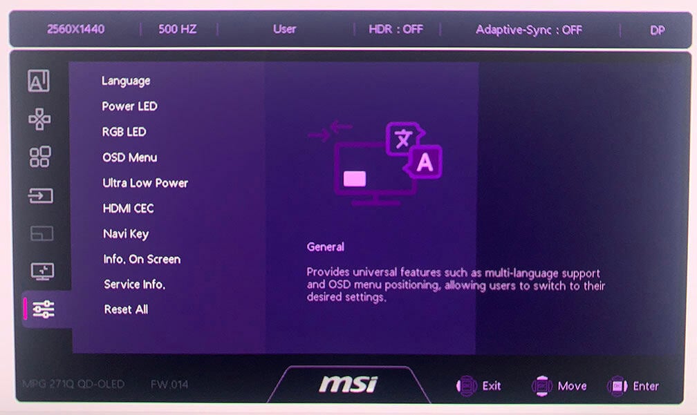 MSI MPG 271QR QD OLED X50 OSD Menu 1