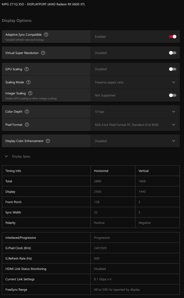 MSI MPG 271QR QD OLED X50 VRR Range