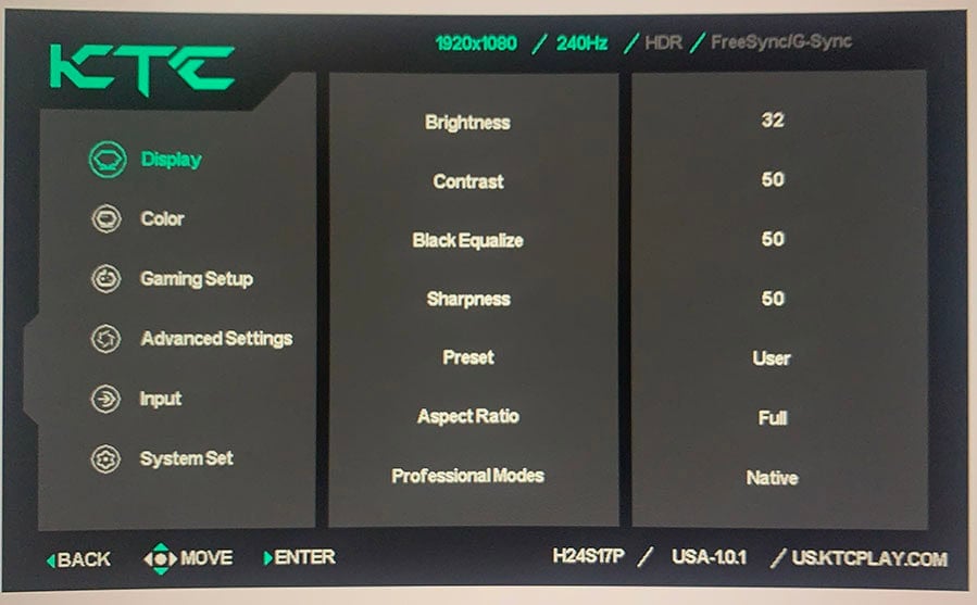 KTC H24S17P OSD Menu Layout 1