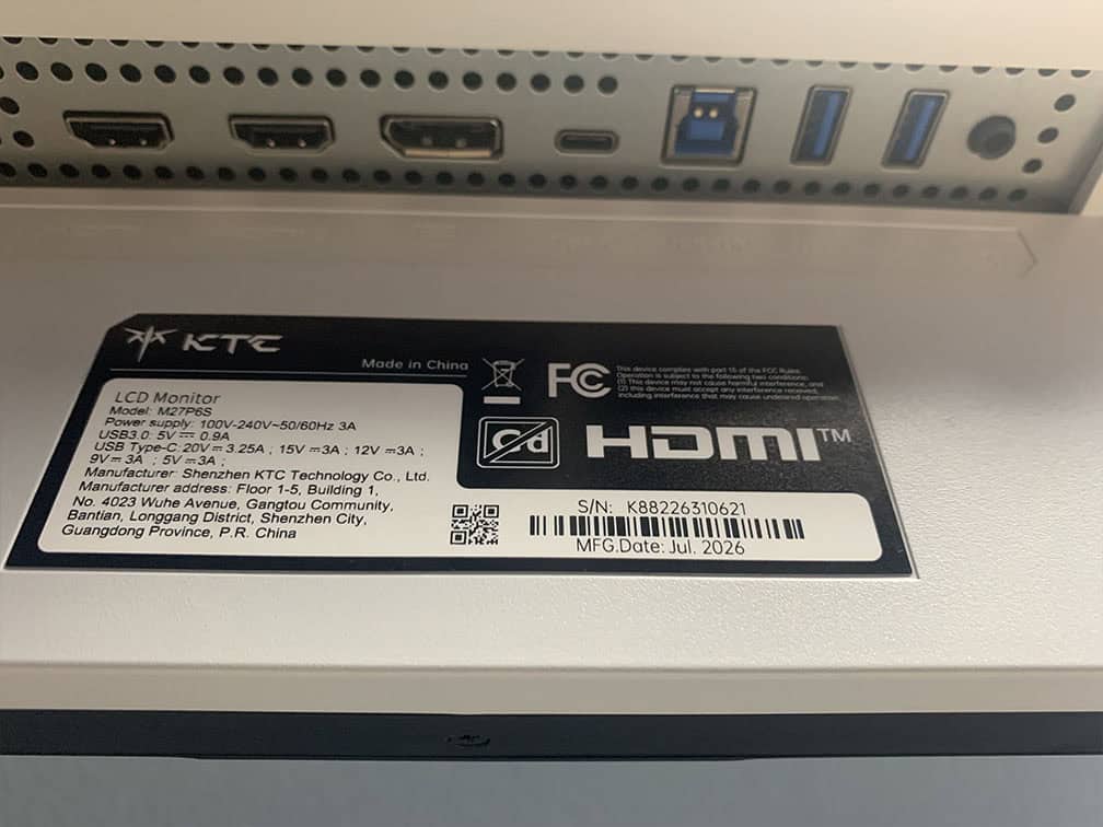 KTC M27P6S Ports